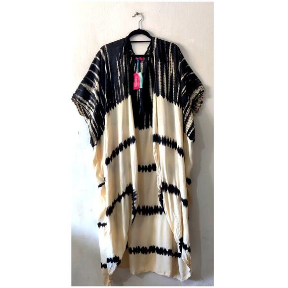 SHU-SHI Kimono Cardigans Tie Dye Swimsuit One Size Beach Cover Ups Black/Cream - Picture 2 of 8